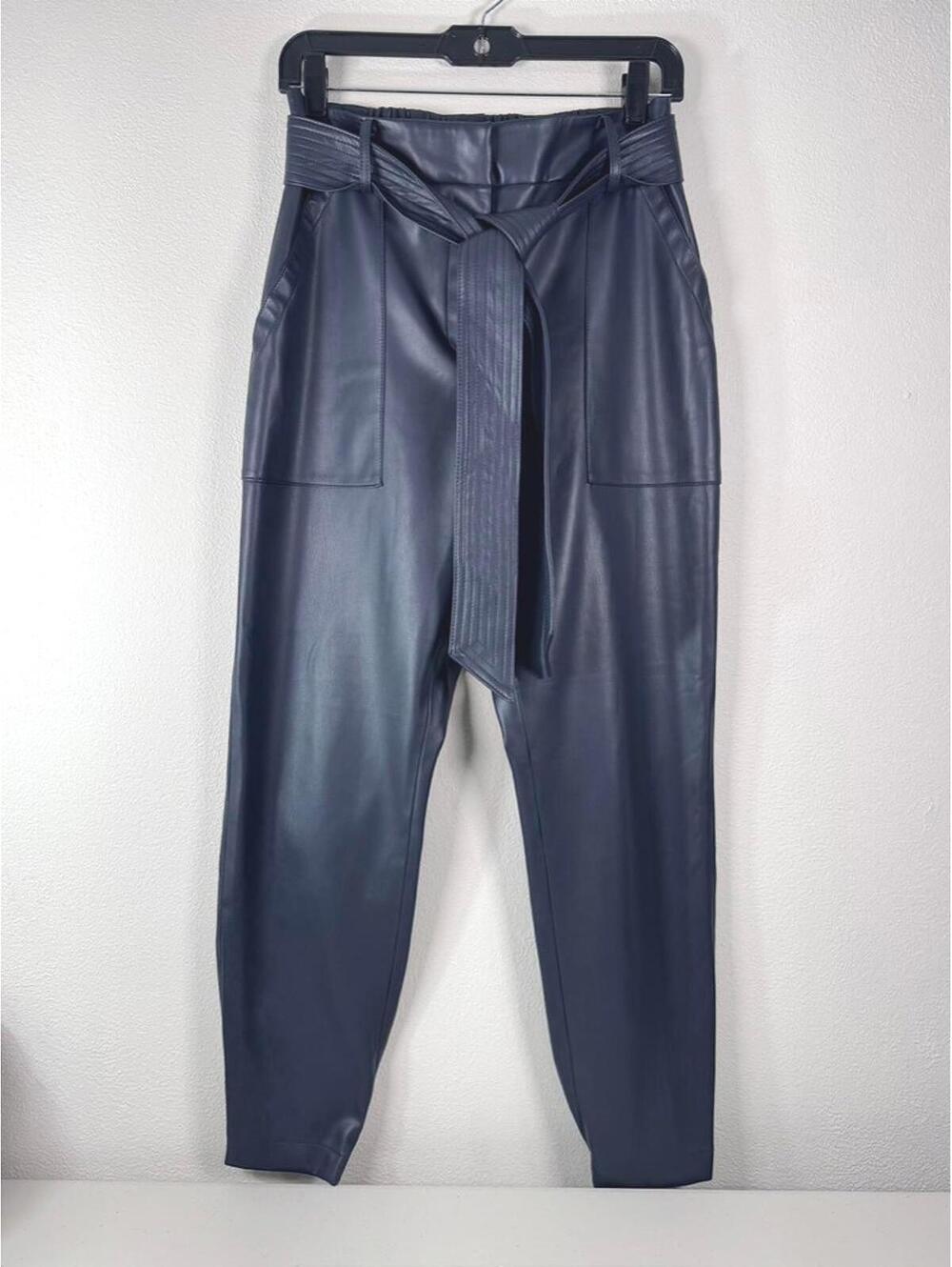 $388 NWOT Brochu Walker Tide Vegan Faux-Leather Tie-Waist Pants Medium 8/10 Navy